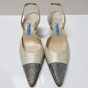 Suarez New York Ivory Cream Leather Lizard Cap Toe Carolyne Slingback Heels 39 9